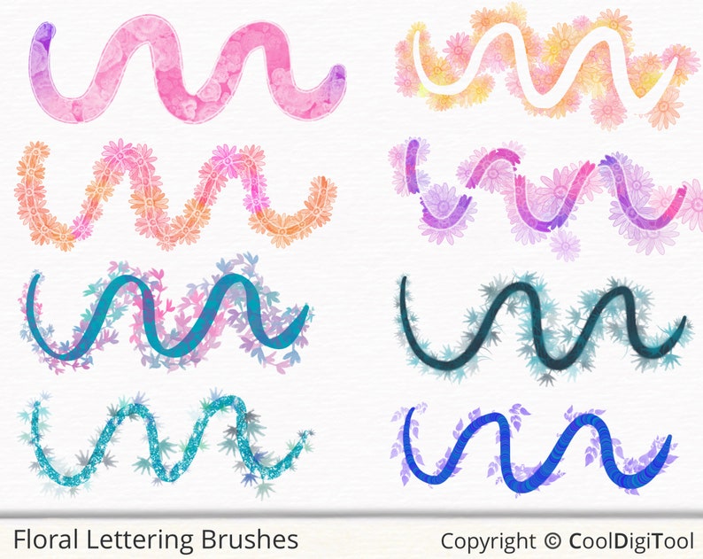 May include: Set of eight digital floral lettering brushes. The brushes feature a wavy line design with different floral patterns in pink, orange, blue, and purple.