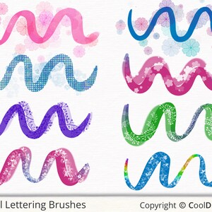May include: Set of eight digital floral lettering brushes. The brushes feature a wavy line with different floral patterns and colors, including pink, blue, green, and purple.