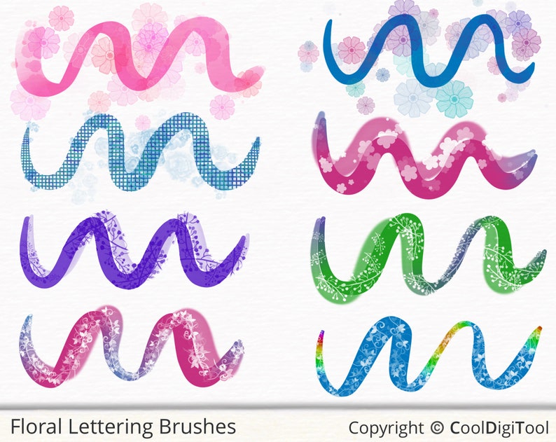 May include: Set of eight digital floral lettering brushes. The brushes feature a wavy line with different floral patterns and colors, including pink, blue, green, and purple.