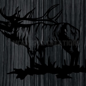 May include: Black silhouette of an elk with large antlers standing in a grassy field. The elk is facing to the left and has its mouth open as if it is calling.