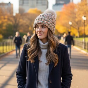 Crochet hat - Handmade Braid puff stitch crochet hat with fur pompom, Winter/Autum/Spring Knit/Crochet Hat