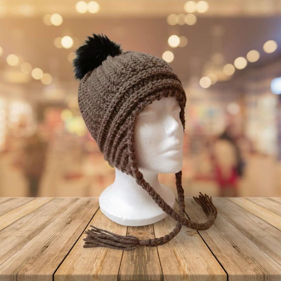 Handmade Brown Crochet Ear Flap Hat With Pompom - Etsy