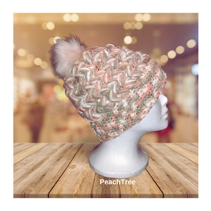 Crochet hat - Handmade Braid puff stitch crochet hat with fur pompom, Winter/Autum/Spring Knit/Crochet Hat
