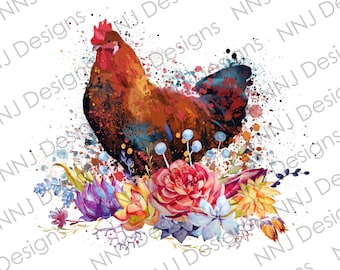 Watercolor Rooster PNG: Floral Chicken Clipart (Digital Download)