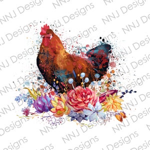 Watercolor Rooster PNG: Floral Chicken Clipart (Digital Download)