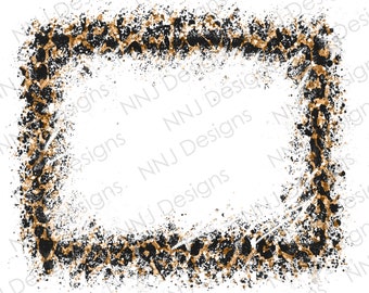 Distressed Leopard Print Splatter Frame PNG Sublimation Designs Splash Paint Hand Drawn Border Background Digital Download