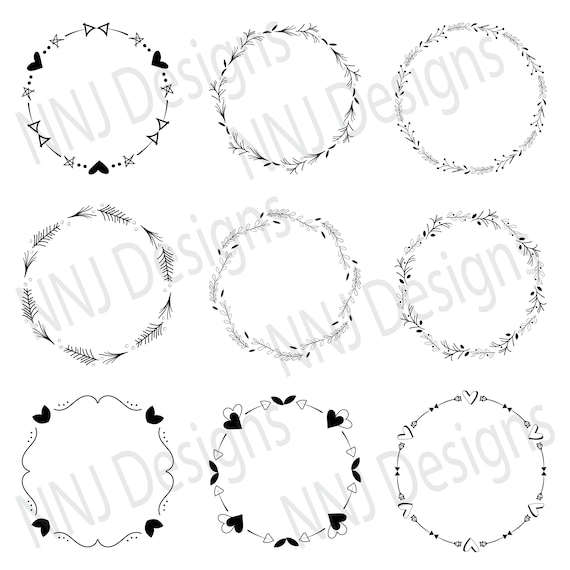 Laurel Wreath Outline SVG Bundle Round Circle Monogram Frame Leaves Hand Drawn Floral Heart Silhouette Cricut Digital eps pdf dxf png svg