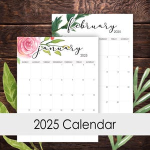 2025 Druckbarer Kalender 12 Monate Vertikales Layout Aquarell Botanische Blumen Schreibtisch Wand Kunst Vorlage Brief Größe 8,5 x 11 A3 A4 A5