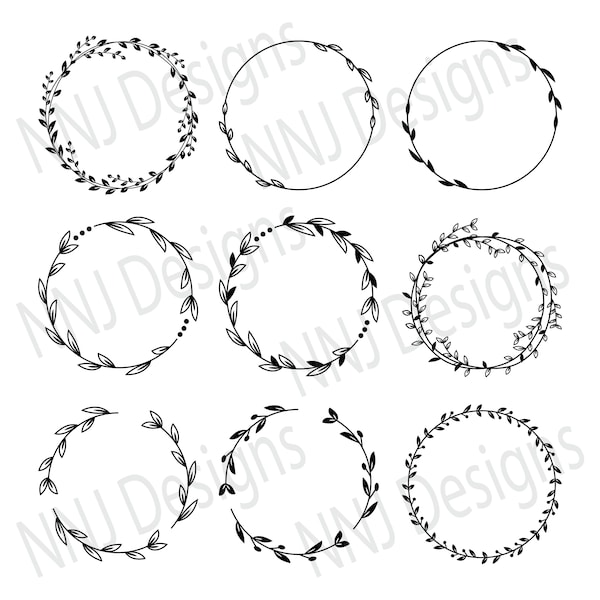 Laurel Wreath SVG Bundle Round Circle Monogram Frame Leaves Hand Drawn Floral heart Silhouette Cricut Digital Download eps pdf dxf png svg