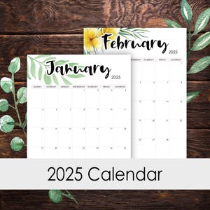 Calendario 2025 imprimible de 12 meses con diseño vertical, acuarela, diseño floral botánico, plantilla de arte de pared para escritorio, tamaño carta A3, A4, A5