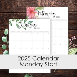 2025 Druckbarer Kalender 12 Monate Montag Start Vertikales Layout Aquarell Botanische Blumen Schreibtisch Wand Kunst Vorlage Briefgröße A3 A4 A5