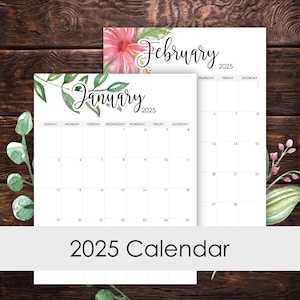 Calendario 2025 imprimible de 12 meses con diseño vertical, inicio en domingo, acuarela, diseño botánico, floral, plantilla de arte de pared para escritorio, tamaño carta 8,5 x 11, A3, A4, A5