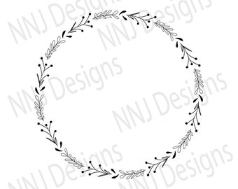 May include: A black and white wreath made of simple, stylized leaves and berries. The wreath is circular and has a rustic, minimalist design.