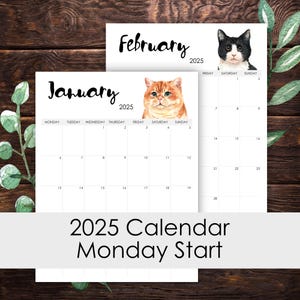 Calendario 2025 imprimible de 12 meses con inicio en lunes, diseño vertical, plantilla de arte de pared para escritorio con diseño de amantes de los gatos en acuarela, tamaño carta A3, A4, A5