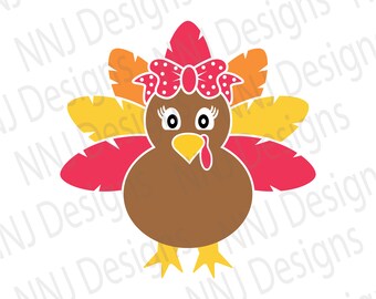 May include: A cartoon turkey with a brown body, red and yellow feathers, and a pink bow with white polka dots. The turkey has a yellow beak, red wattle, and black eyes.