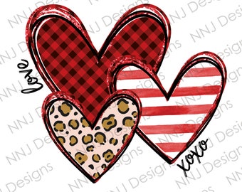 Día de San Valentín Corazón PNG Sublimación Diseños Leopard Buffalo Plaid Love Hearts Xoxo Clipart Descarga digital