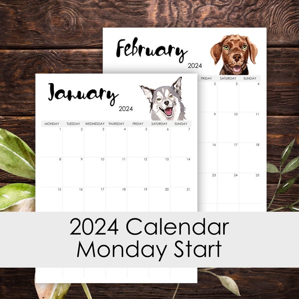 2024 Calendar Printable 12 Months Monday Start Vertical Layout Watercolor Dogs Lover Desk Wall Art Template Letter Size A3 A4 A5