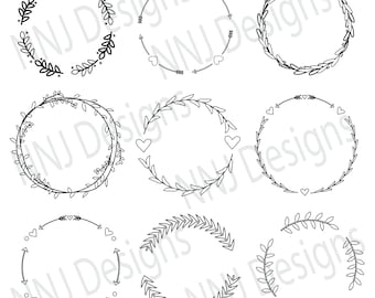 Laurel Wreath Outline SVG Bundle Round Circle Monogram Frame Leaves Hand Drawn Floral Heart Silhouette Cricut Digital eps pdf dxf png svg