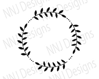 May include: A black and white wreath with a simple leaf design. The wreath is circular and has a dotted border.