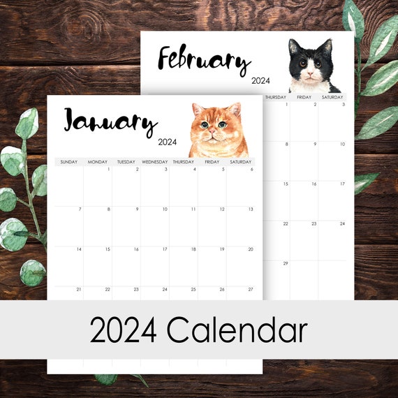 2024 Calendar Printable 12 Months Vertical Layout Watercolor Cats Lover  Desk Wall Art Template Letter Size A3 A4 A5 - Etsy