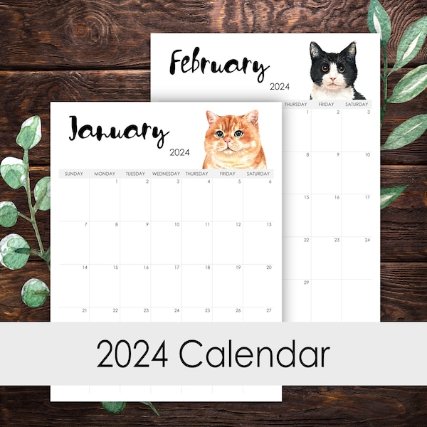 2024 Calendar Printable 12 Months Vertical Layout Watercolor Cats Lover Desk Wall Art Template Letter Size A3 A4 A5