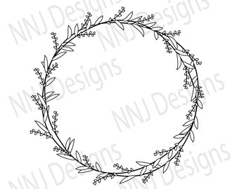 May include: A black and white line drawing of a wreath made of leaves and small flowers.