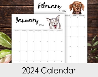 2024 Calendar Printable 12 Months Vertical Layout Watercolor Dogs Lover Desk Wall Art Template Letter Size A3 A4 A5