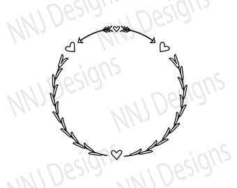 Cornice monogramma corona d'alloro: freccia a forma di cuore floreale SVG (download digitale)