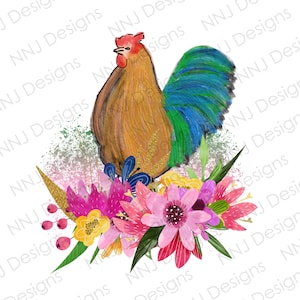 Watercolor Rooster with Flowers PNG: Sublimation Design (Digital Download)