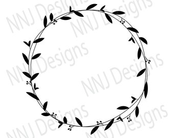 May include: Black and white wreath with leaves and berries. The wreath is circular and has a simple design.