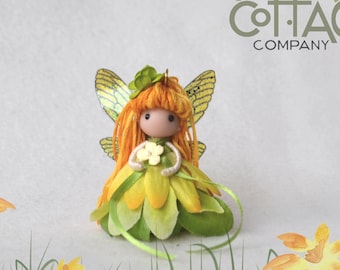 Magical fairy doll, mini yellow flower fairy, handmade bendy doll, Spring Flower fairy ornament, Waldorf inspired, pocket tooth fairy gift