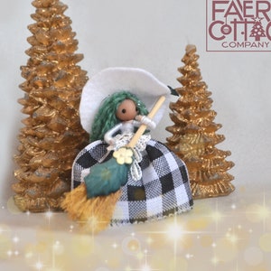 Christmas Witch, Tiny kitchen witch doll, small White Buffalo Plaid fairy Witch doll, Pagan Wiccan Yule Tree ornament, tiered tray decor