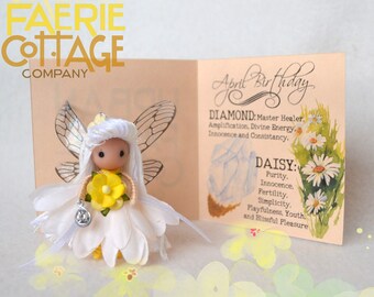 April Birthday Fairy, Pocket faerie doll, flower fairy, small White fairy, Crystal Diamond Daisy Birthday fairy doll, unique birthday gift