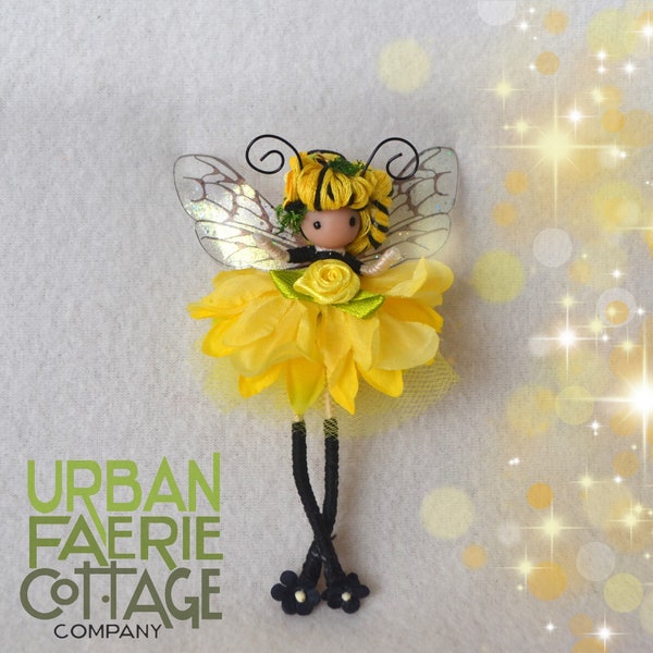 Yellow flower fairy doll, Honey Bee flower fairy, Handmade bendy flower fairy doll ornament, Waldorf inspired, pocket fairy gift, Fairycore