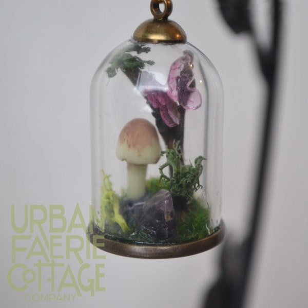 Fairy Terrarium, tiny garden, glow in the dark mushroom terrarium, moss necklace, small cloche, Faerie lover pendant,tiny terrarium ornament