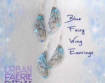 Blue Fairy wing earrings, fantasy jewelry, faerie wings, drop earrings, Sprite or Pixie wings, cosplay jewelry, Angel wing dangle earrings