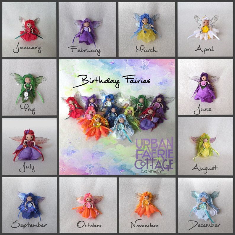 May include: A collage of 12 handmade felt fairies, each representing a different month of the year. The fairies are arranged in a heart shape and are surrounded by a watercolour background. The text "Birthday Fairies" is written at the top of the collage, and the text "URBAN FAERIE COTTAGE COMPANY" is written at the bottom.