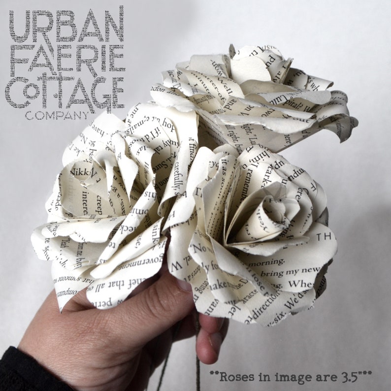 Puede incluir: Tres rosas blancas de papel hechas con p&aacute;ginas de libros. Las rosas tienen un di&aacute;metro de 8,9 cm. Las rosas se sostienen en una mano.