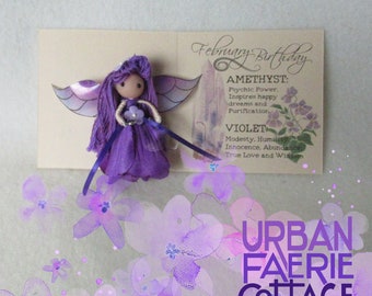 February Birthday Fairy, Pocket faerie doll, small purple flower fairy figurine, Amethyst Violet Birthday fairy doll, unique birthday gift