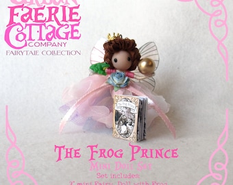 Tiny Pink Princess fairy figurine ornament The Frog Prince set, Fairytale decor, fairytale book lover gift idea, vintage fairytale doll set