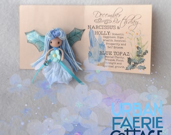 December Birthday Fairy, Pocket faerie doll, small blue flower fairy, Blue Topaz Holly Birthday fairy doll, unique December birthday gift