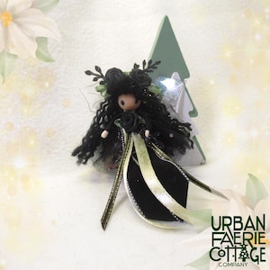 Goth Winter fairy doll, Iridescent black flower fairy, handmade Christmas Poinsettia fairy ornament, Waldorf inspired, Yule gift idea
