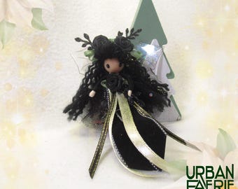 Goth Winter fairy doll, Iridescent black flower fairy, handmade Christmas Poinsettia fairy ornament, Waldorf inspired, Yule gift idea