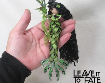 Handmade Leafy Seahorse Mermaid fairy figurine ornament, fairycore maximalist gift, whimsical OOAK Siren art doll desk buddy