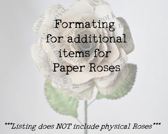 Puede incluir: Primer plano de una rosa de papel hecha con páginas de libros antiguos. La rosa es blanca y tiene un tallo y hojas verdes. El texto "Formatting for additional items for Paper Roses" está escrito en negro sobre fondo blanco. El texto "***Listing does NOT include physical Roses***" está escrito en negro sobre fondo blanco.