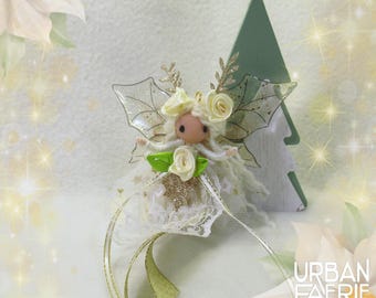 Snow White Poinsettia flower Fairy ornament, Handmade Mini Winter faerie doll, Christmas tree Flower fairy ornament, Yule gift idea