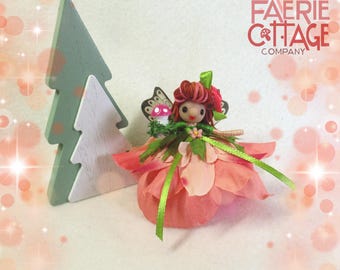 Pastel mini coral kissing flower fairy doll, handcrafted bendy art doll ornament, pocket faerie gift, cottagecore Fairycore dopamine decor