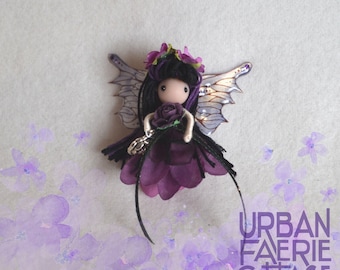 Purple fairy doll, mini Purple and Black flower fairy, handmade doll, Flower fairy ornament, Waldorf inspired, bendy doll, pocket fairy gift