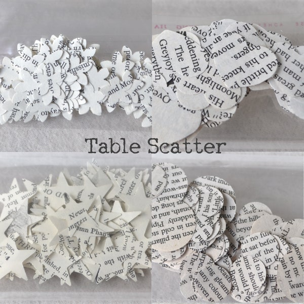 book page confetti, rustic table scatter, table decor, paper shapes, recycled books, scrap booking shapes