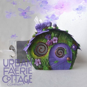 purple Fairy house handmade, tissue box cover, Pagan Décor, fairy cottage, Gnome home, gift for Christmas, square tissue box